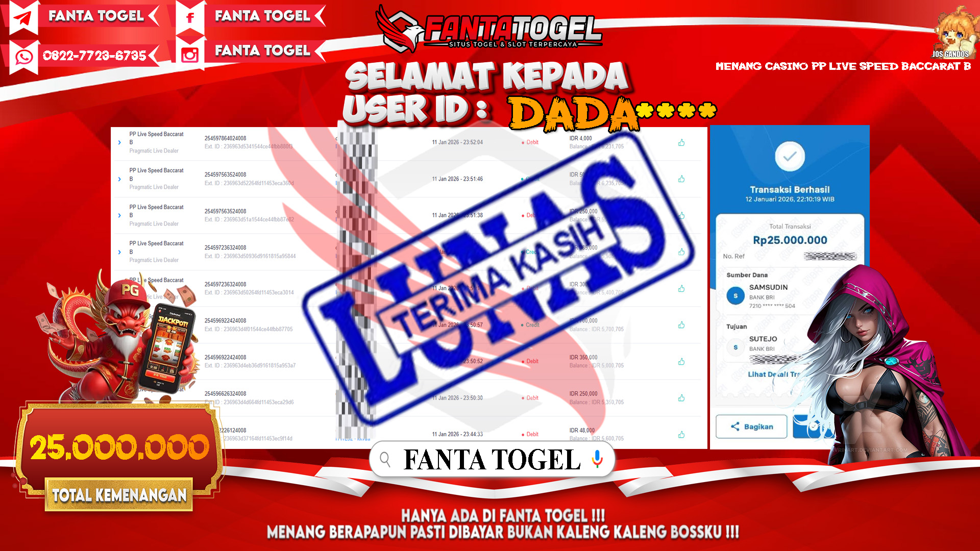 FANTATOGEL-JACKPOT-CASINO-PP-LIVE-SPEED-BACCARAT-B-Rp.25.000.000,- LUNAS