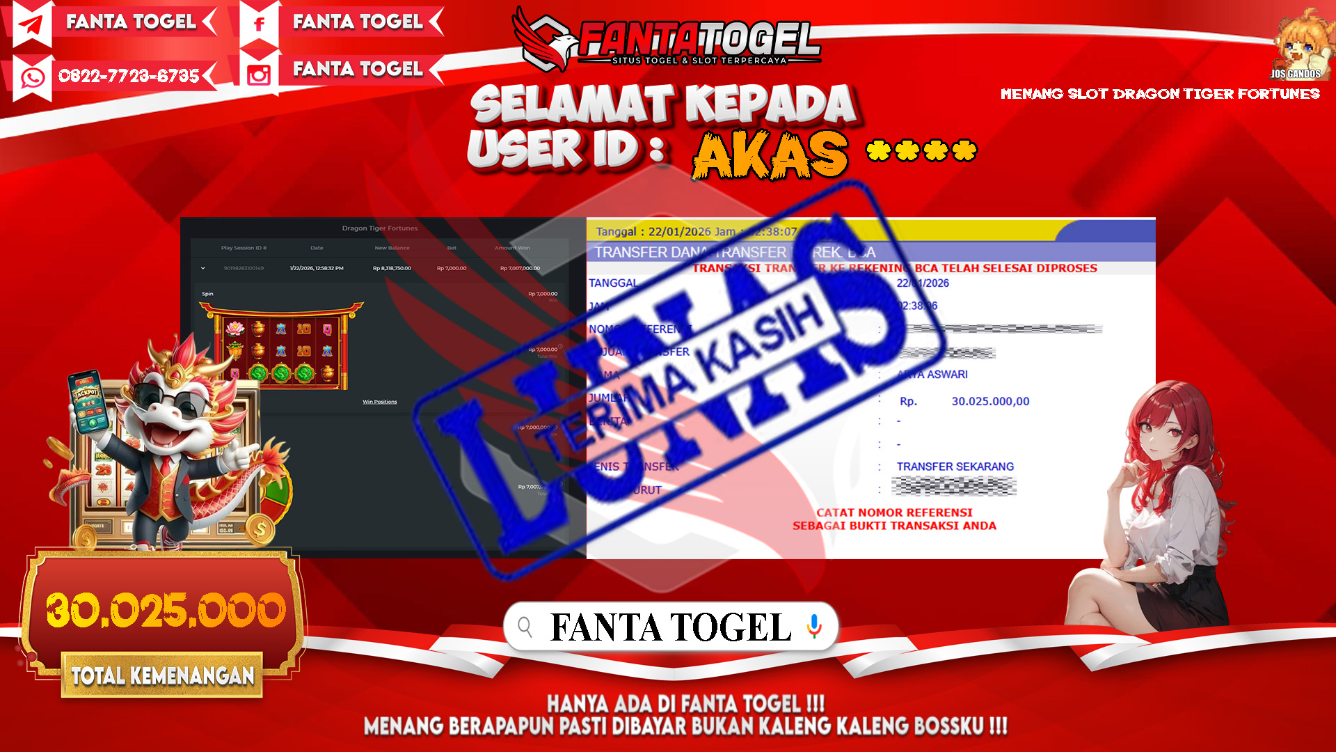 FANTATOGEL-JACKPOT-SLOT-DRAGON-TIGER-FORTUNES-Rp.30.025.000,- LUNAS