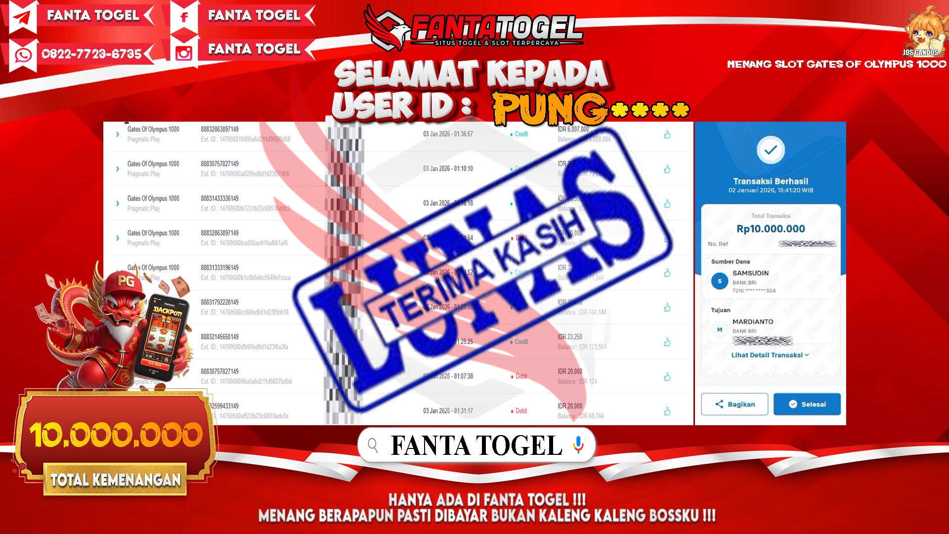 FANTATOGEL-JACKPOT-SLOT-GATES-OF-OLYMPUS-1000-Rp.10.000.000,- LUNAS