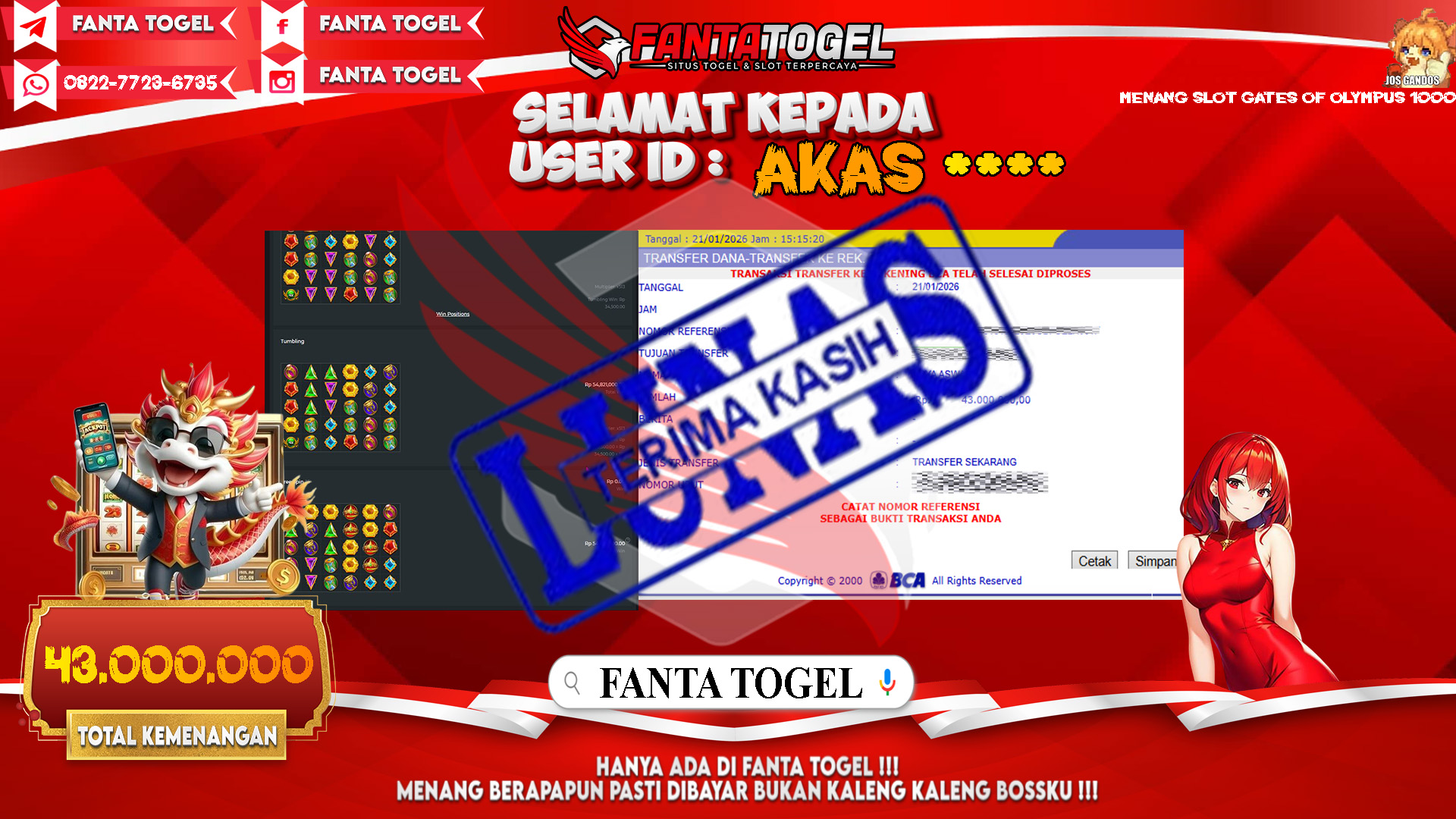 FANTATOGEL-JACKPOT-SLOT-GATES-OF-OLYMPUS-1000-Rp.43.000.000,- LUNAS