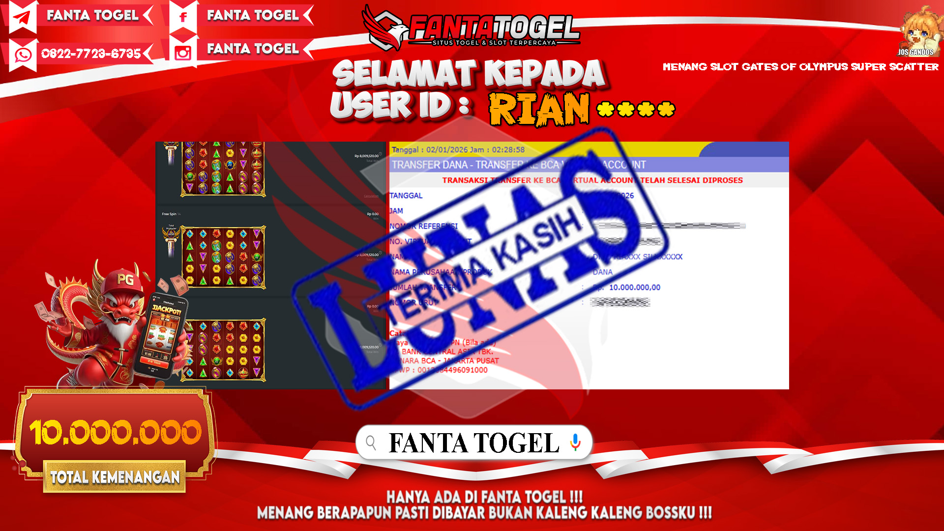 FANTATOGEL-JACKPOT-SLOT-GATES-OF-OLYMPUS-SUPER-SCATTER-Rp.10.000.000,- LUNAS