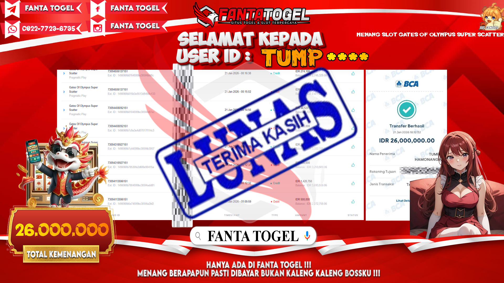 FANTATOGEL-JACKPOT-SLOT-GATES-OF-OLYMPUS-SUPER-SCATTER-Rp.26.000.000,- LUNAS