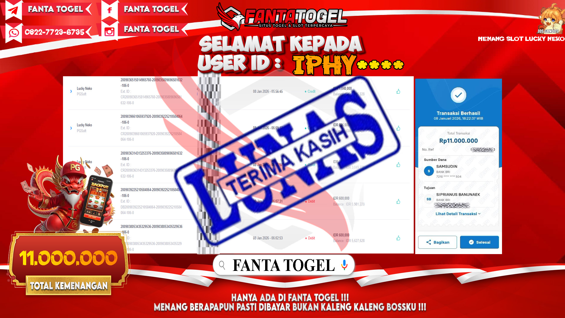 FANTATOGEL-JACKPOT-SLOT-LUCKY-NEKO-Rp.11.000.000,- LUNAS