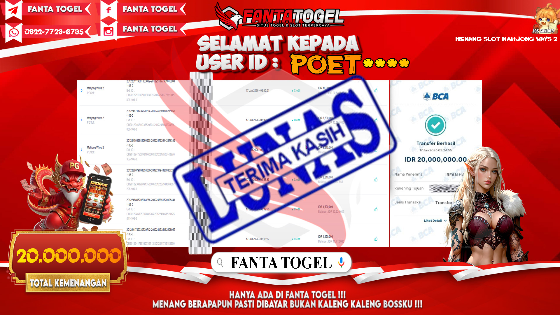 FANTATOGEL-JACKPOT-SLOT-MAHJONG-WAYS-2-Rp.20.000.000,- LUNAS