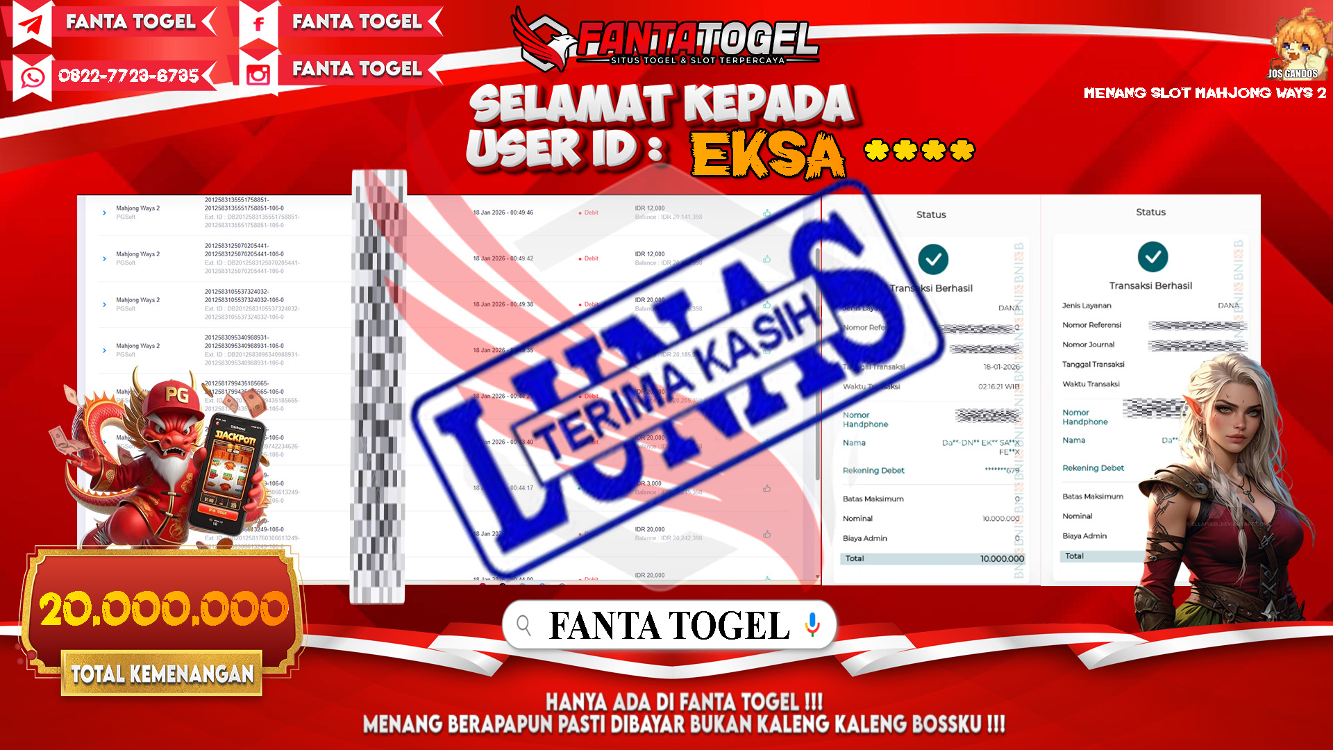 FANTATOGEL-JACKPOT-SLOT-MAHJONG-WAYS-2-Rp.20.000.000,- LUNAS