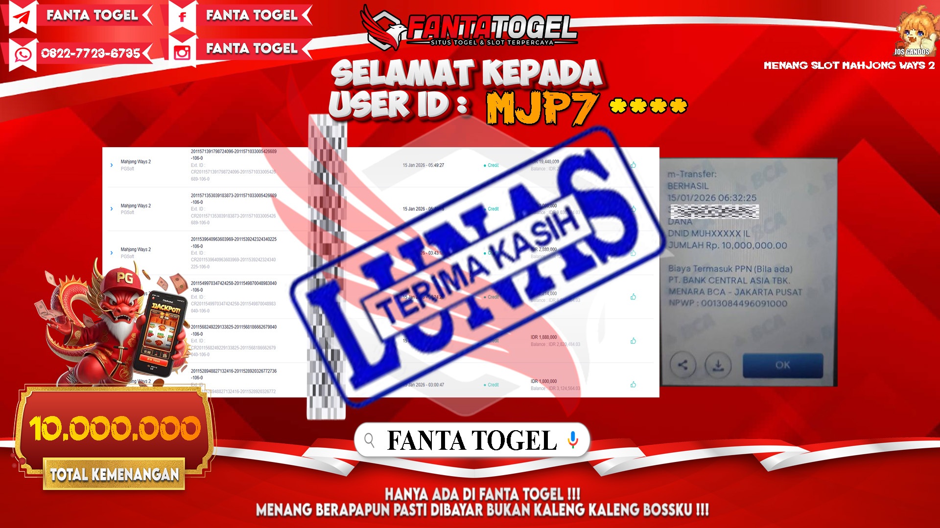FANTATOGEL-JACKPOT-SLOT-MAHJONG-WAYS-2-Rp.10.000.000,- LUNAS
