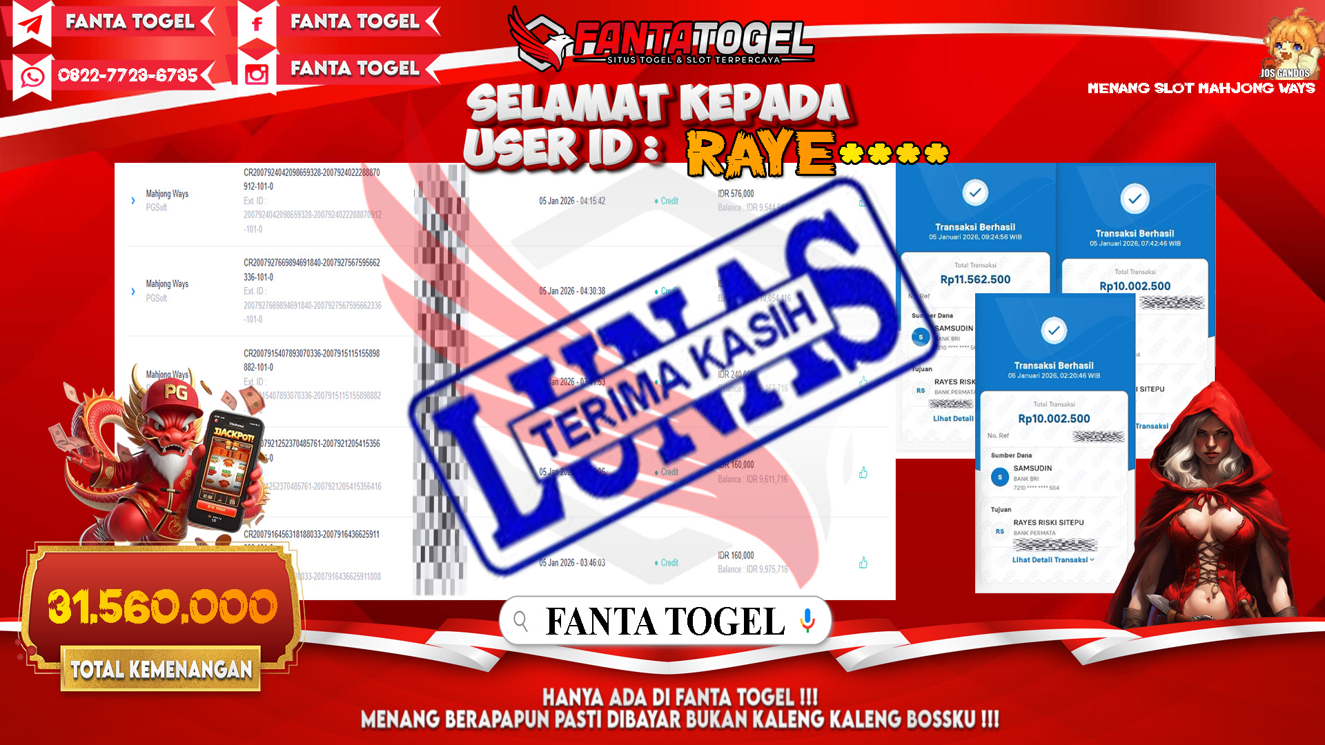 FANTATOGEL-JACKPOT-SLOT-MAHJONG-WAYS-Rp.31.560.000,- LUNAS