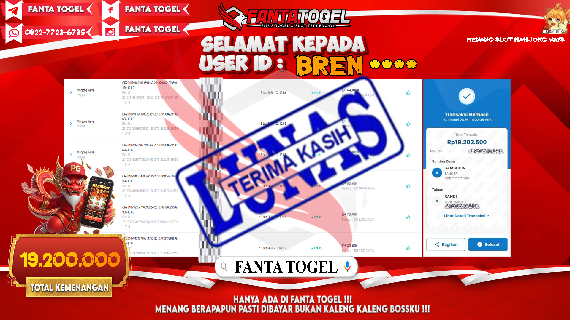 FANTATOGEL-JACKPOT-SLOT-MAHJONG-WAYS-Rp.19.200.000,- LUNAS