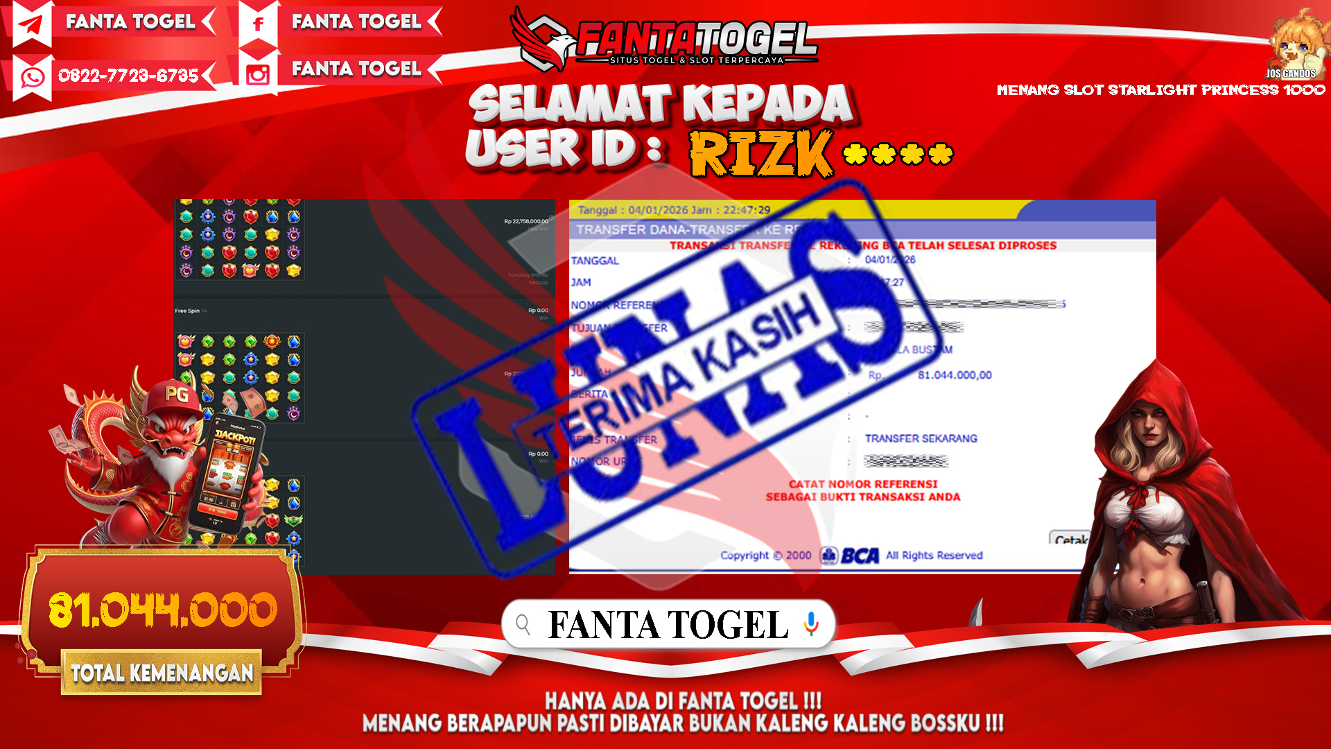 FANTATOGEL-JACKPOT-SLOT-STARLIGHT-PRINCESS-1000-Rp.81.044.000,- LUNAS