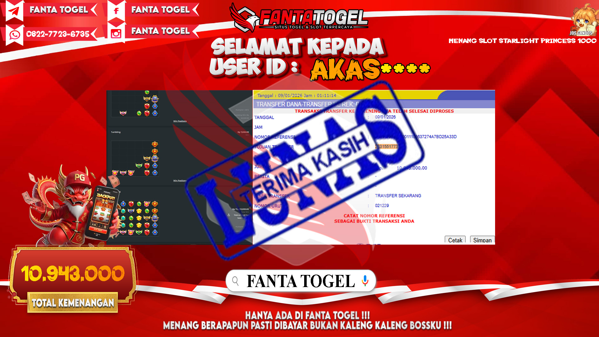 FANTATOGEL-JACKPOT-SLOT-STARLIGHT-PRINCESS-1000-Rp.10.943.000,- LUNAS