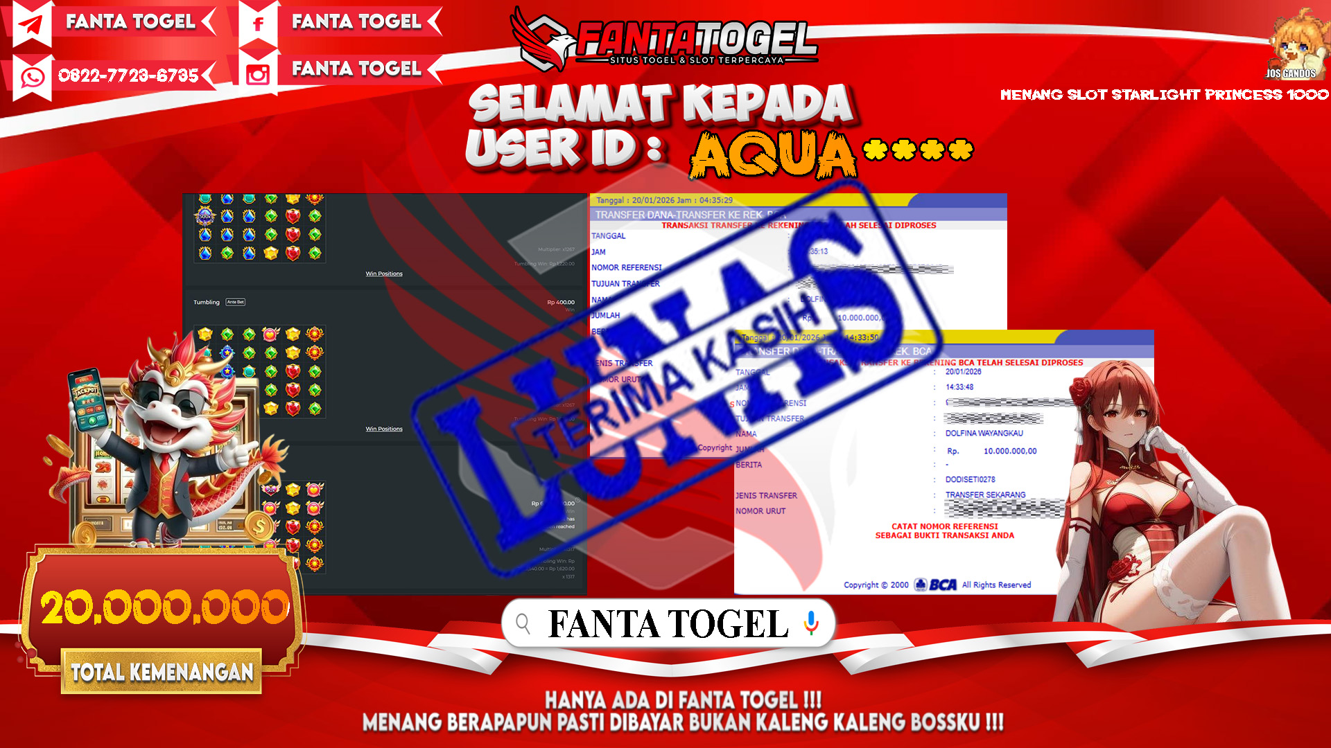 FANTATOGEL-JACKPOT-SLOT-STARLIGHT-PRINCESS-1000-Rp.20.000.000,- LUNAS