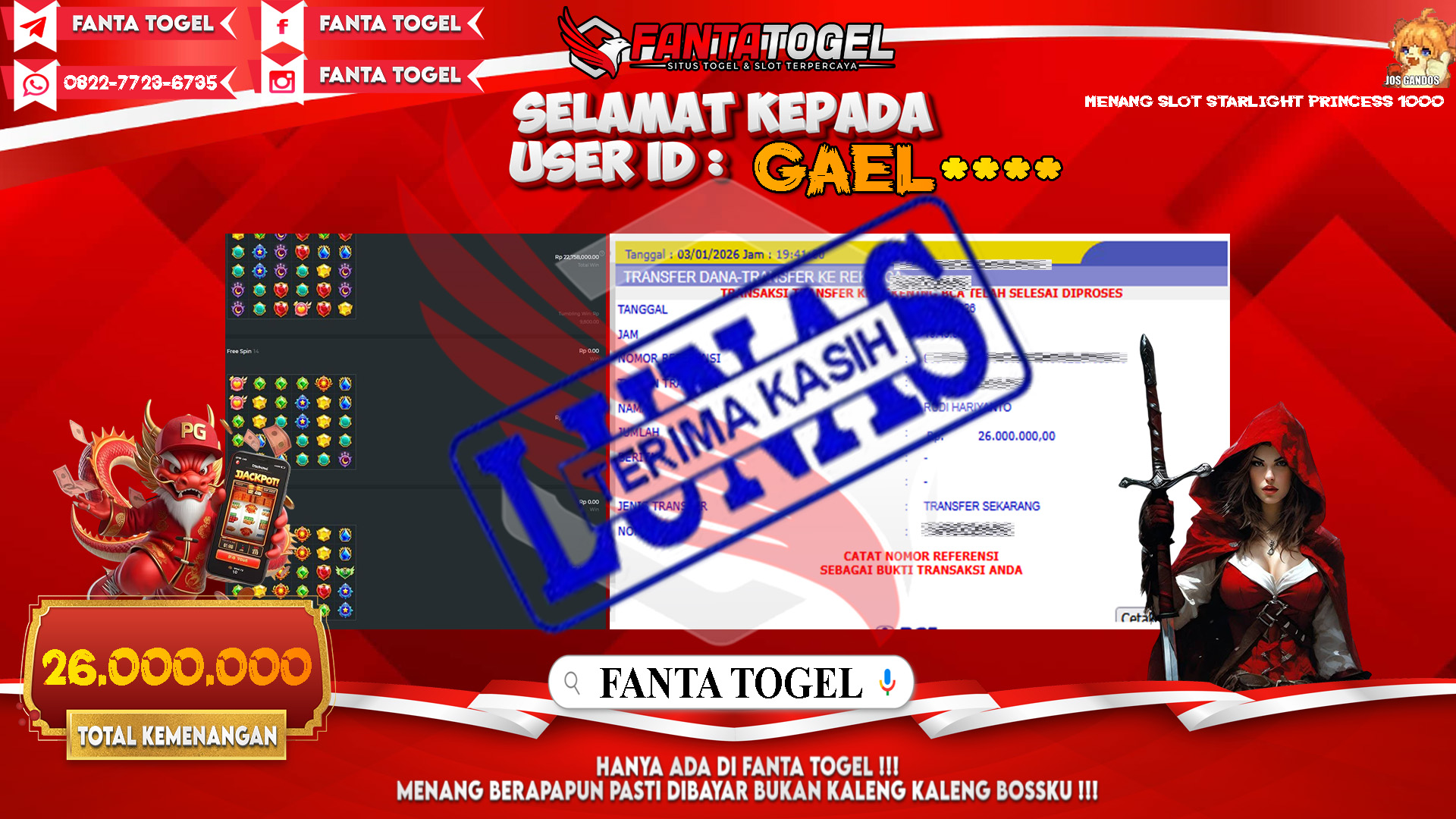 FANTATOGEL-JACKPOT-SLOT-STARLIGHT-PRINCESS-1000-Rp.26.000.000,- LUNAS