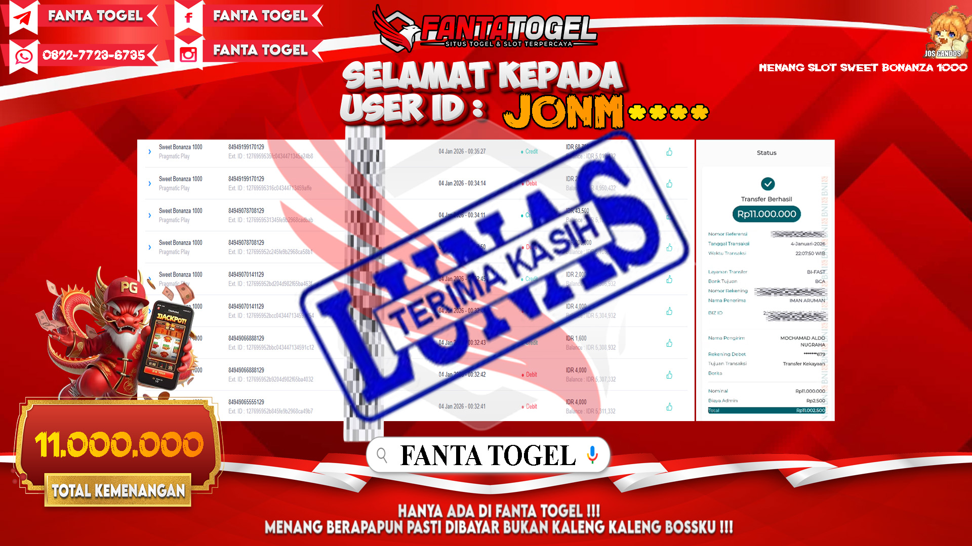 FANTATOGEL-JACKPOT-SLOT-SWEET-BONANZA-1000-Rp.11.000.000,- LUNAS